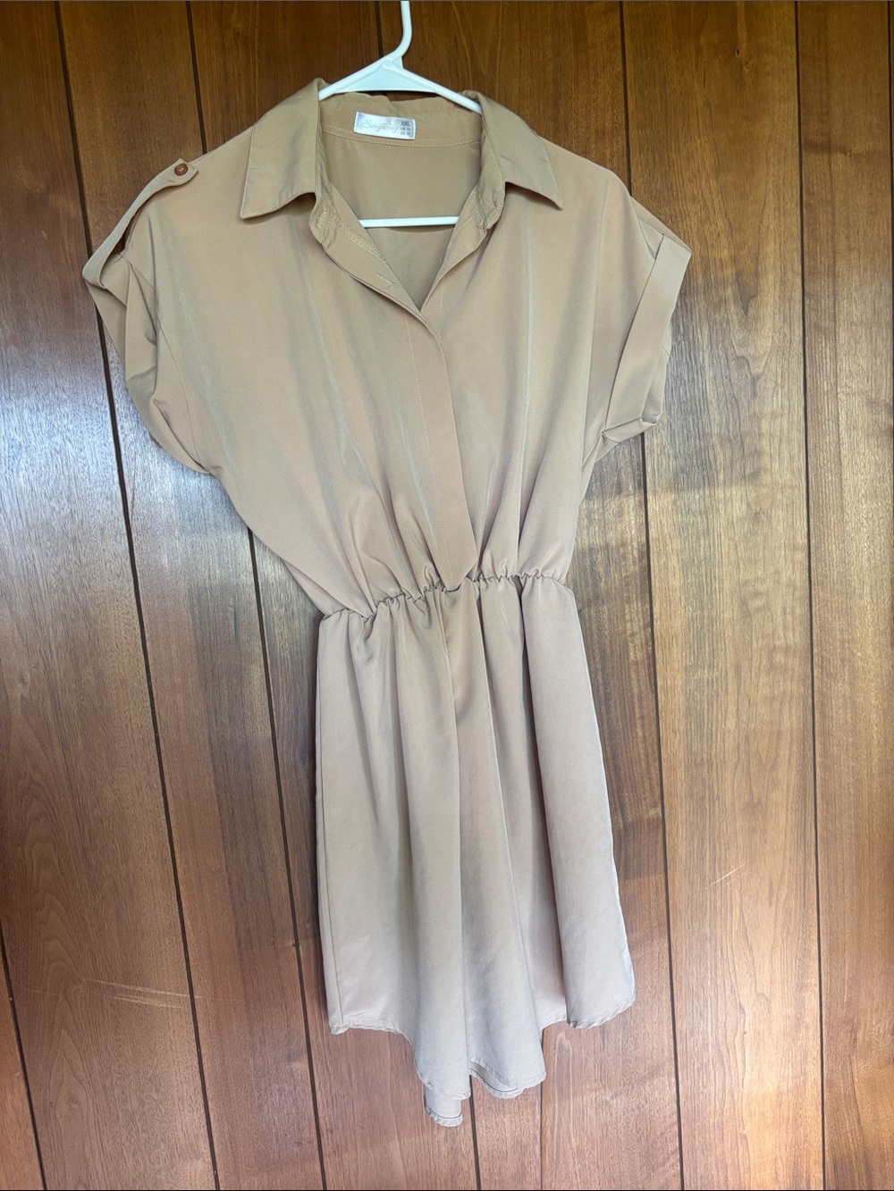 Beige Collared Short Sleeve Elastic Waist Dress